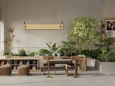 Cozy Modern Milk Tea Shop Interior With Green Plants Wooden Furniture And Relaxing Ambience 3d model