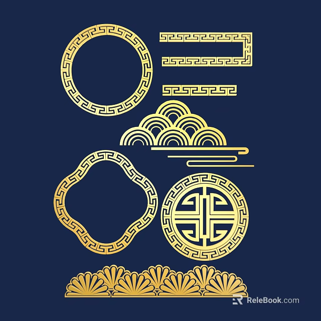 Traditional Golden Line Designs with Circular Borders Square Frames Cloud Patterns and Dark Blue Background 3d model