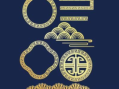 Traditional Golden Line Designs with Circular Borders Square Frames Cloud Patterns and Dark Blue Background 3d model