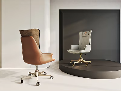 Modern Brown Leather and Light Gray Office Chairs with Swivel Wheels in Display Space 3d model