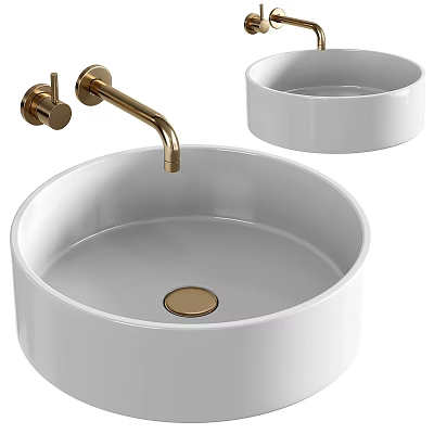 Modern Bathroom White Ceramic Washbasin With Golden Faucet And Round Design 3d model