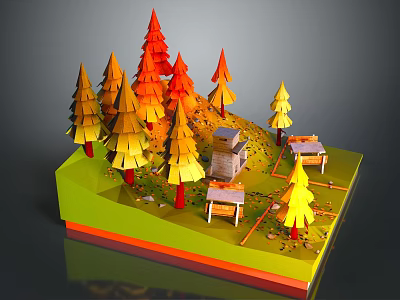 Colorful Paper Art Forest Scene With Yellow Orange Red Trees Small House And Wooden Tables 3d model