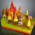 Colorful Paper Art Forest Scene With Yellow Orange Red Trees Small House And Wooden Tables