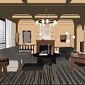 Elegant Living Room Interior Design With Beamed Ceiling Chandelier Sofa Fireplace And Rug