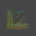 Blue and Black Dragonfly Perched on Branch with Green Reeds and Water Surface