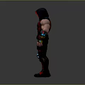 Hooded Muscular Character In Red And Black Outfit With Glowing Blue Accents And Armored Parts