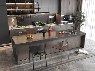 Modern Kitchen Interior Featuring Dark Island Countertop Fruits Chairs Cabinets And Appliances 3d model