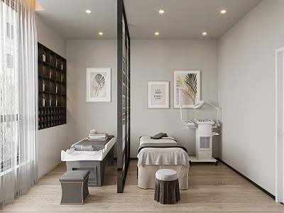 Modern SPA Sauna Room Interior With Massage Tables Decorative Paintings And Product Shelves 3d model