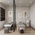 Modern SPA Sauna Room Interior With Massage Tables Decorative Paintings And Product Shelves