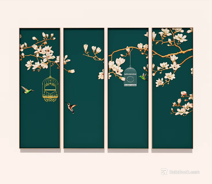 Four Panel Botanical Paintings With Green Background Magnolia Flowers Birdcages And Birds 3d model 
