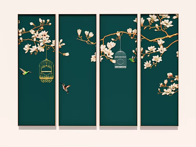 Four Panel Botanical Paintings With Green Background Magnolia Flowers Birdcages And Birds 3d model