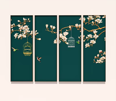 Four Panel Botanical Paintings With Green Background Magnolia Flowers Birdcages And Birds 3d model