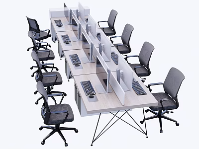 Modern Office Workspace With Multiple Desks Ergonomic Chairs Dividers And Keyboards 3d model