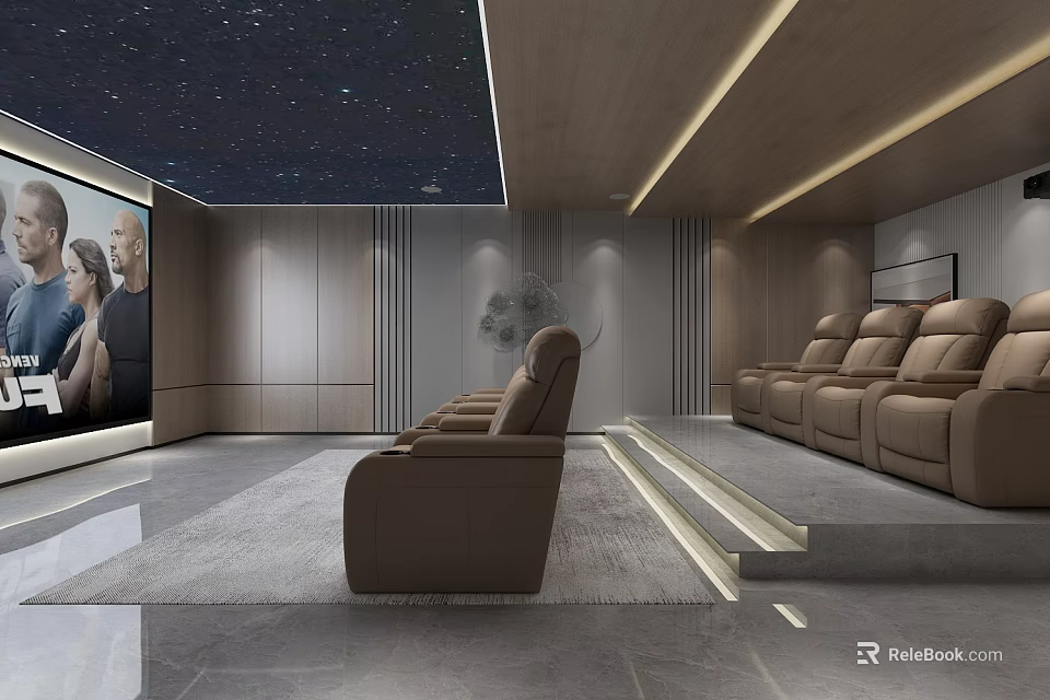 Modern Home Theater Interior Design With Starry Sky Ceiling Large Screen And Brown Leather Sofas 3d model