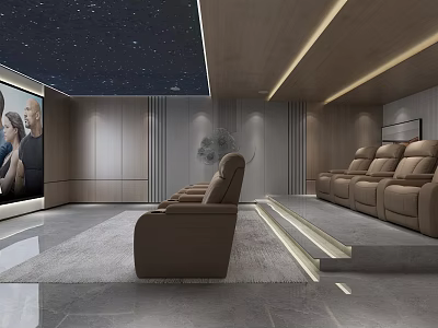 Modern Home Theater Interior Design With Starry Sky Ceiling Large Screen And Brown Leather Sofas 3d model
