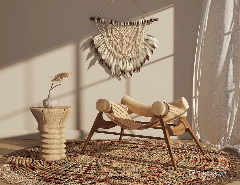 Natural Style Wooden Lounge Chair With Woven Tapestry Side Table And Colorful Rug 3d model 