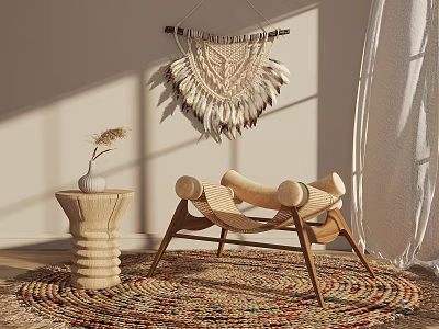 Natural Style Wooden Lounge Chair With Woven Tapestry Side Table And Colorful Rug 3d model