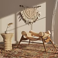 Natural Style Wooden Lounge Chair With Woven Tapestry Side Table And Colorful Rug