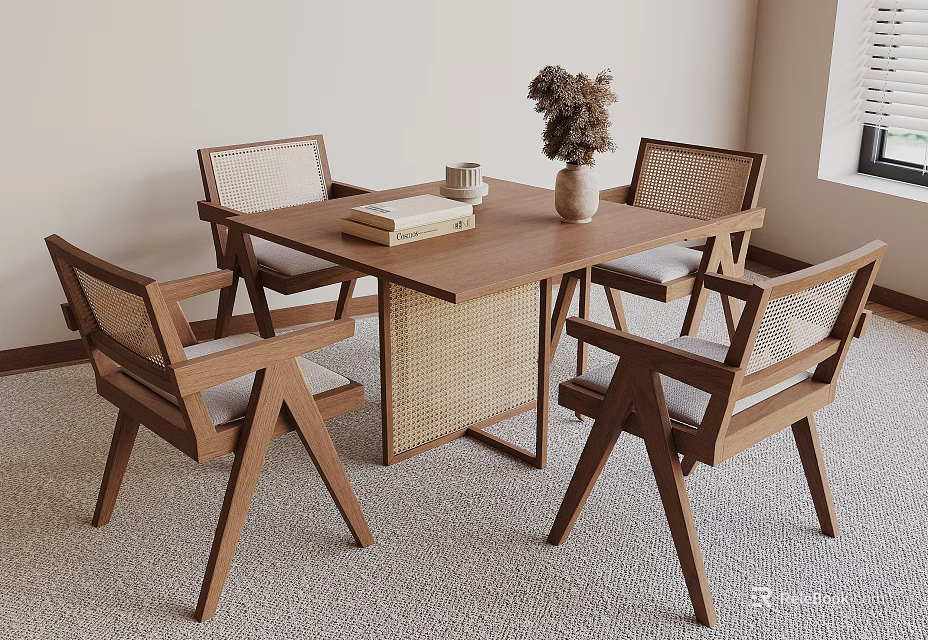 Wooden Negotiation Table with Woven Chairs Dried Flower Vase and Books 3d model 