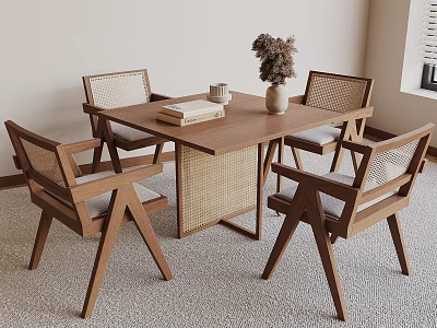 Wooden Negotiation Table with Woven Chairs Dried Flower Vase and Books 3d model