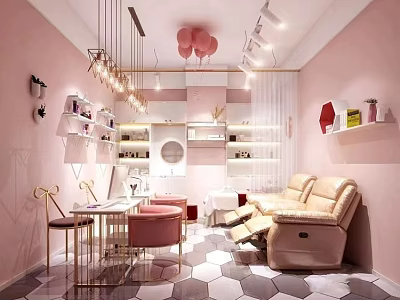 Pink Themed Mall Store Interior With Chandeliers Balloons Shelves Tables And Sofa 3d model