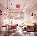 Pink Themed Mall Store Interior With Chandeliers Balloons Shelves Tables And Sofa