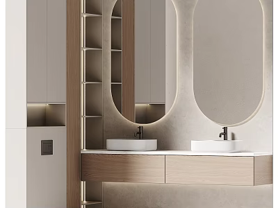 Modern Bathroom Vanity With Double Sinks Wooden Cabinet And Round Mirror 3d model