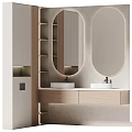 Modern Bathroom Vanity With Double Sinks Wooden Cabinet And Round Mirror