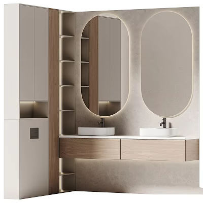 Modern Bathroom Vanity With Double Sinks Wooden Cabinet And Round Mirror 3d model