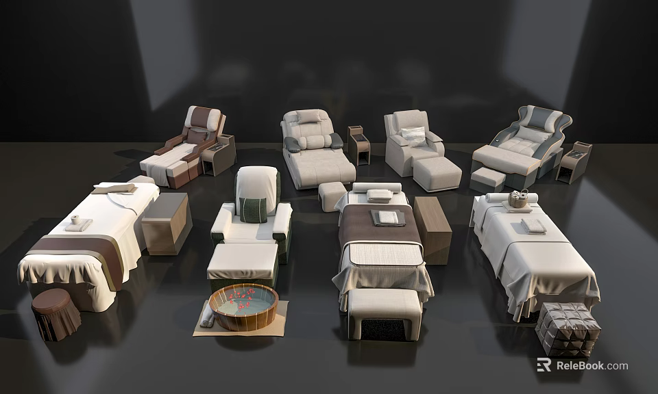 Professional Massage and Foot Therapy Equipment With Comfortable Beds and Chairs 3d model 