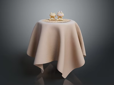 Modern Furniture Table With Beige Textured Tablecloth And Small Decorative Figurines 3d model