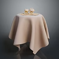 Modern Furniture Table With Beige Textured Tablecloth And Small Decorative Figurines