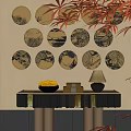 Elegant Golden Circular Plates Wall Decor with Console Table and Table Lamp 3d model