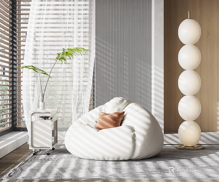 Modern Elegant Bean Bag Chair With Plant Side Table Floor Lamp And Bright Light 3d model 