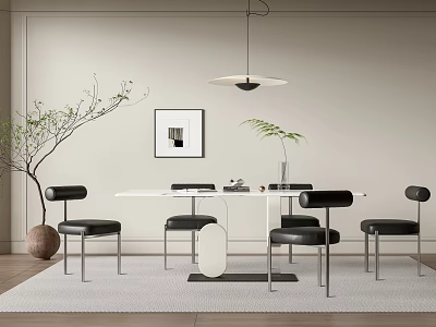 Modern Dining Table Set With White Top Black Chairs Metal Legs And Pendant Light 3d model