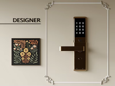 Designer Smart Door Handle With Digital Keypad And Decorative Art On Beige Wall 3d model