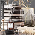 Decorative Ornament Set With Stacked Books Vases Dried Flowers Clock Scented Candles And Decorative Lamp