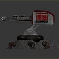 3D Model of Mechanical Device With Red Components Dual Barrels Rusty Pipes and Stone Base