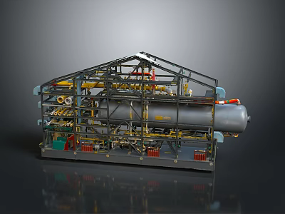 Industrial Processing Equipment With Metal Framework Cylindrical Vessel And Piping System Components 3d model