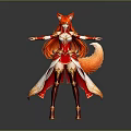 Game Fantasy Female Character with Red Hair Fox Ears Tail and Ornate Red Gold Outfit