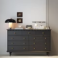 Dark Gray Console Side Cabinet With Drawers Gold Knobs And Decorative Paintings 1100x1500x450 3d model