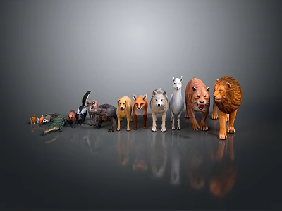 Various Animal Figurines Arranged in a Row with Gray Background and Ground Reflection 3d model