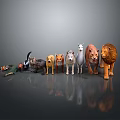 Various Animal Figurines Arranged in a Row with Gray Background and Ground Reflection 3d model