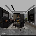 Modern Dining Living Room Interior With Round Table Chairs Green Plant And Marble Walls