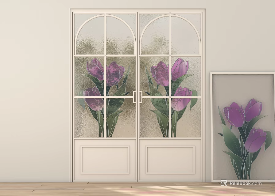 Modern Decorative Cabinet With Framed Purple Tulips And Glass Doors 3d model 