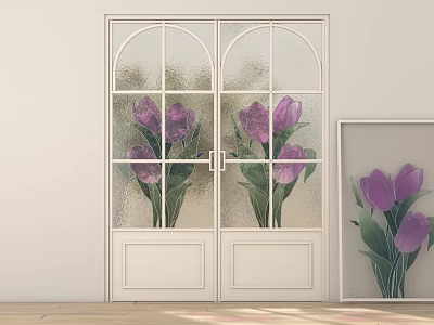 Modern Decorative Cabinet With Framed Purple Tulips And Glass Doors 3d model