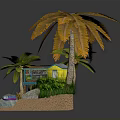 Wooden House by the Water with Palm Trees and Small Boat on Sand Beach