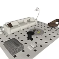 Modern Beige Sofa And Coffee Table Set With Patterned Rug Accent Chair And Ottoman 3d model