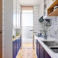 Modern Kitchen Interior With Blue White Cabinets Glass Doors Tile Backsplash And Appliances