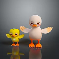 Playful Cartoon Ducks Small Yellow And Large White With Spread Wings On Reflective Surface